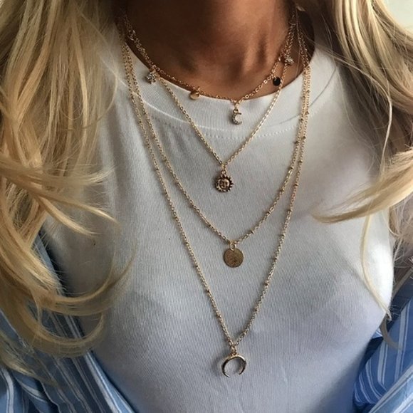 Jewelry - NEW Gold Sun Moon Multi Layer Necklace
